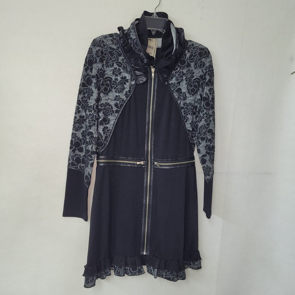 Vintage Concept Black Floral Lace Trim Zipper Front Long Sleeve Dress M Goth‎